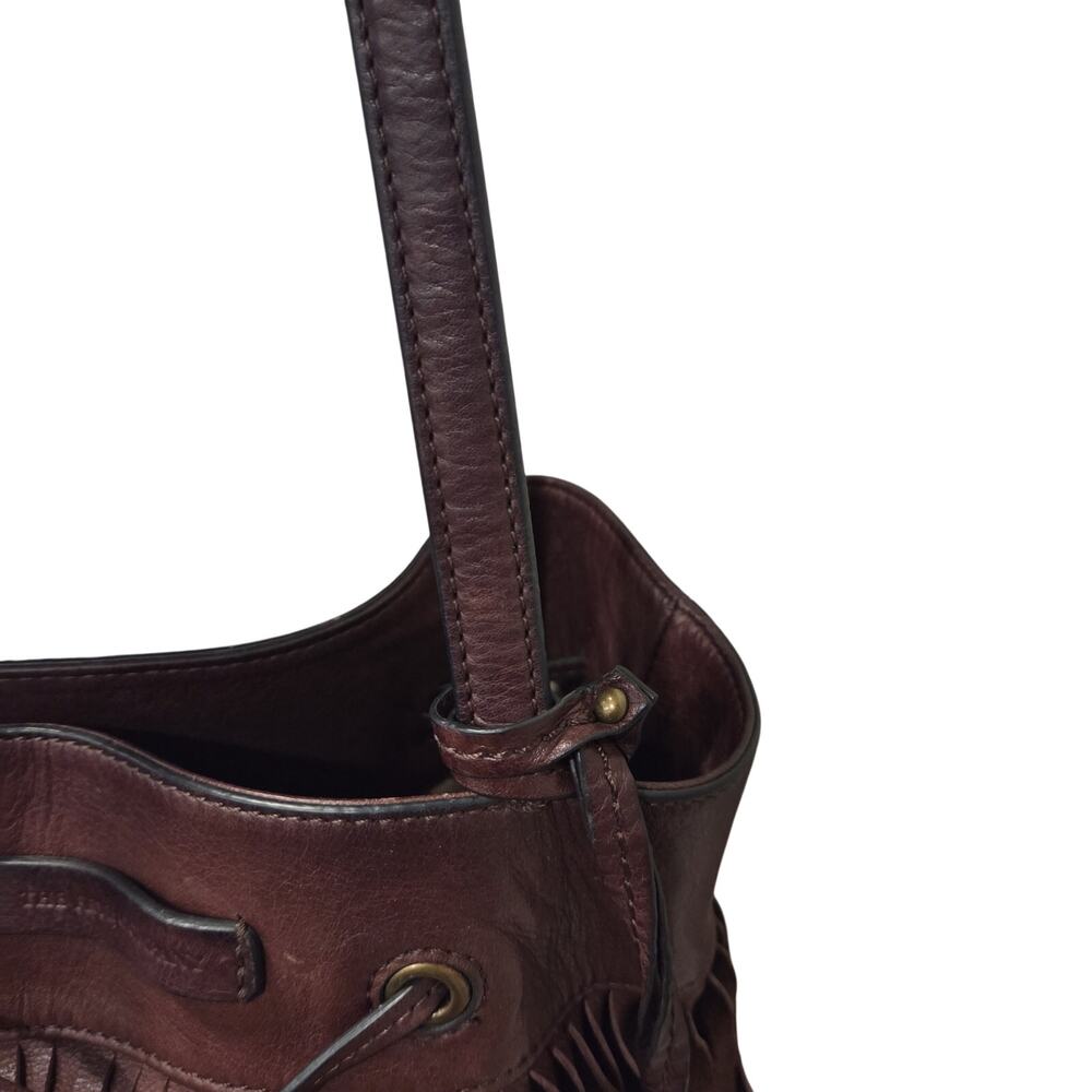 Frye Fringe Leather Hobo Bucket Bag | Boho Western Brown Tassel Purse - Picture 9 of 16